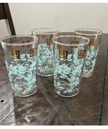 Anchor Hocking Glasses Pale Blue Hibiscus Floral Gold Greek Key Pattern ... - $40.60 CAD