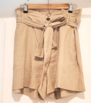 Beige High Waisted Shorts with Tie Size M Pleated Waistline Linen Rayon - £18.72 GBP