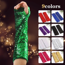 Women Men Shiny Sequins Fingerless Gloves Stretchy Arm Cuffs Club Party Cosplay - £10.51 GBP+