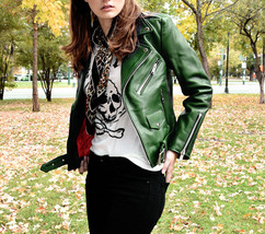 Handmade Leather Jacket Women&#39;s Green Slim Fit Biker Motorcycle Lambskin... - £112.57 GBP