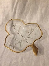 Gold Trimmed Leaf Shaped Clear Glass Candy Dish Great on Coffee Table Vintage - £7.98 GBP