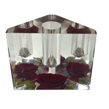 Clear Lucite Vanity Lipstick Pen Pencil Holder Red Rose 2.75”Tall Vintage - £18.39 GBP