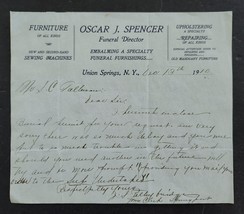 1910 Antique Oscar J Spencer Union Springs Ny Funeral Director Letter Embalming - £54.56 GBP