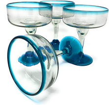 Mexican Hand Blown Glass – Set of 4 Hand Blown Margarita Glasses (16 Oz) with Aq - £50.62 GBP
