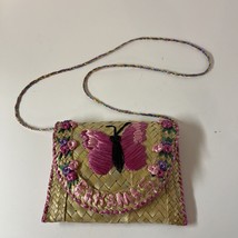 Vintage Butterfly Natural Straw Wicker Shoulder Bag Snap Closure - £17.47 GBP