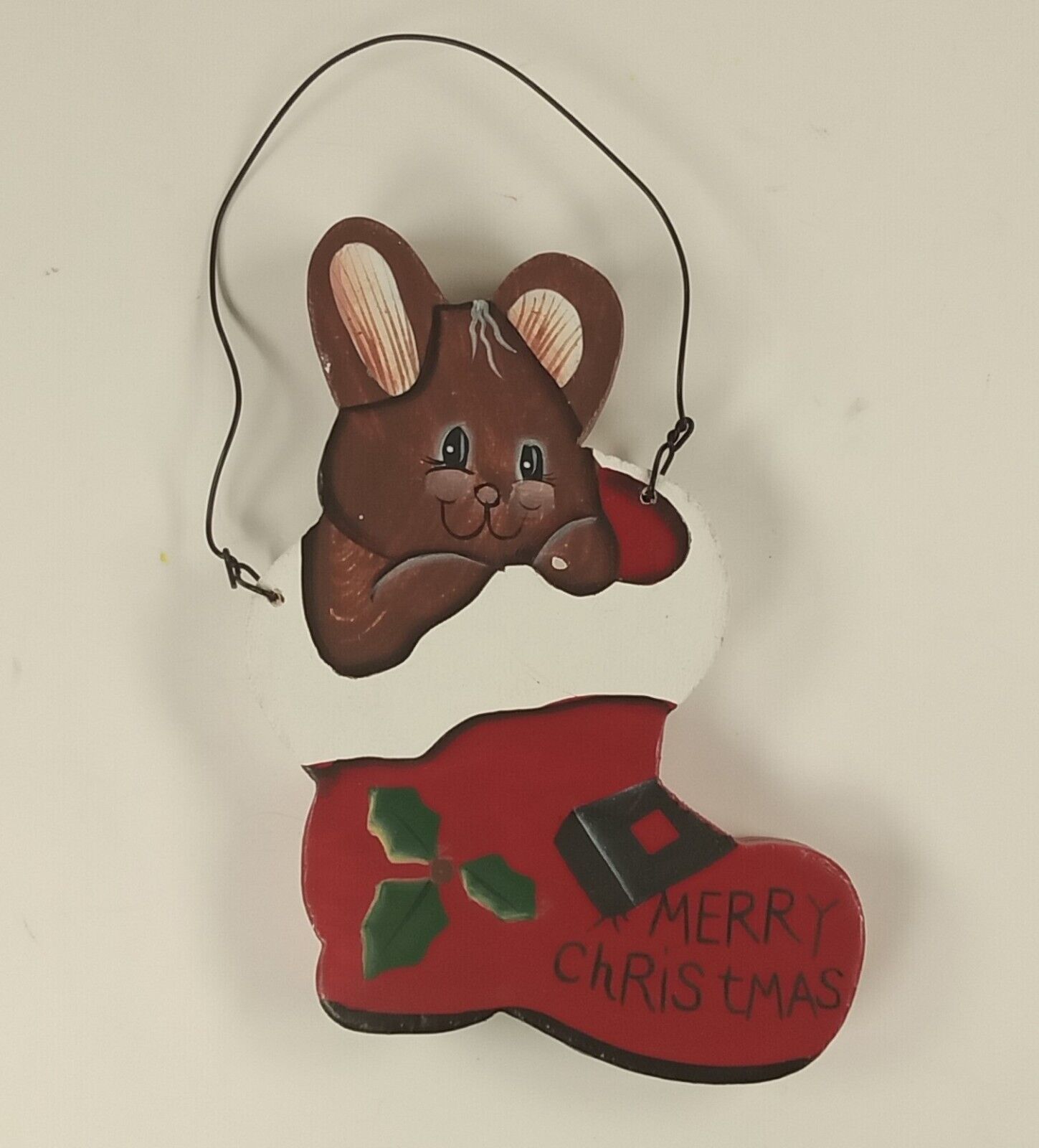 &quot;Merry Christmas&quot; Cute Bunny in Red Stocking Wooden Painted Christmas Or... - $5.00