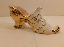 Vintage Porcelain Victorian Ladies Floral &amp; Gold High Heel Shoe Figurine - £14.24 GBP