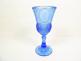 Glass Pedestal Vase Blue Knurled with Raised Grandma Betsy Ross Etching ... - $18.69