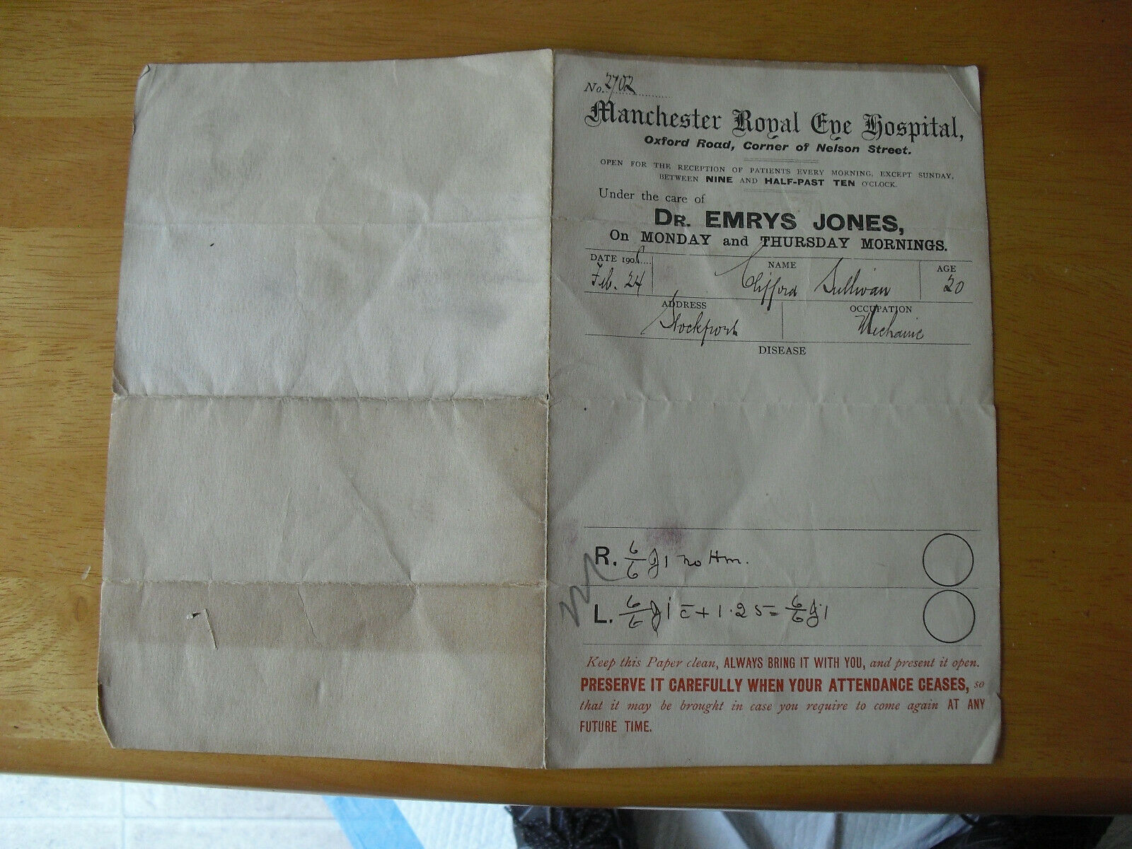 Unique Vintage 1908 Manchester Royal One Hospital Patient Paper LOOK - $18.81