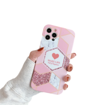 Anymob iPhone Pink Geometric Love Heart Marble Phone Cases Silicone Shell Cover - £21.49 GBP