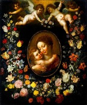 FRAMED CANVAS ART PRINT virgin Mary Madonna and child cherubs garland flowers - £31.13 GBP+