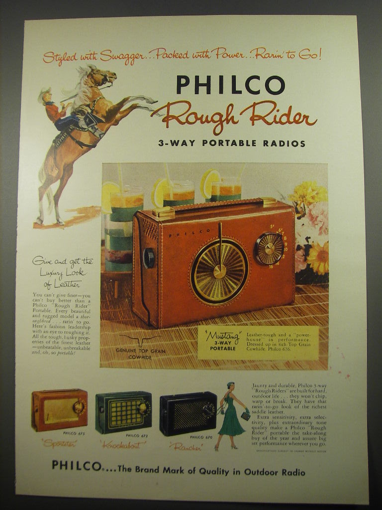 1956 Philco Rough Rider Portable Radios Ad - Mustang, Sportster, Knockabout - $18.49