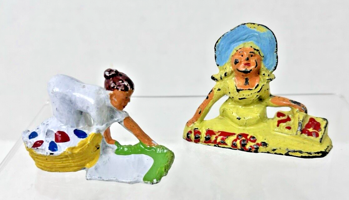 2 Vintage Cast Metal Toy&#39;s Women Doing Laundry &amp; Gardening 2 x 2 1/2 inch - $12.38