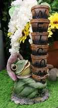 Ebros Green Frog With Pink Hat Juggling Pots Stack Welcome Sign Figurine 14&quot;H - £25.56 GBP