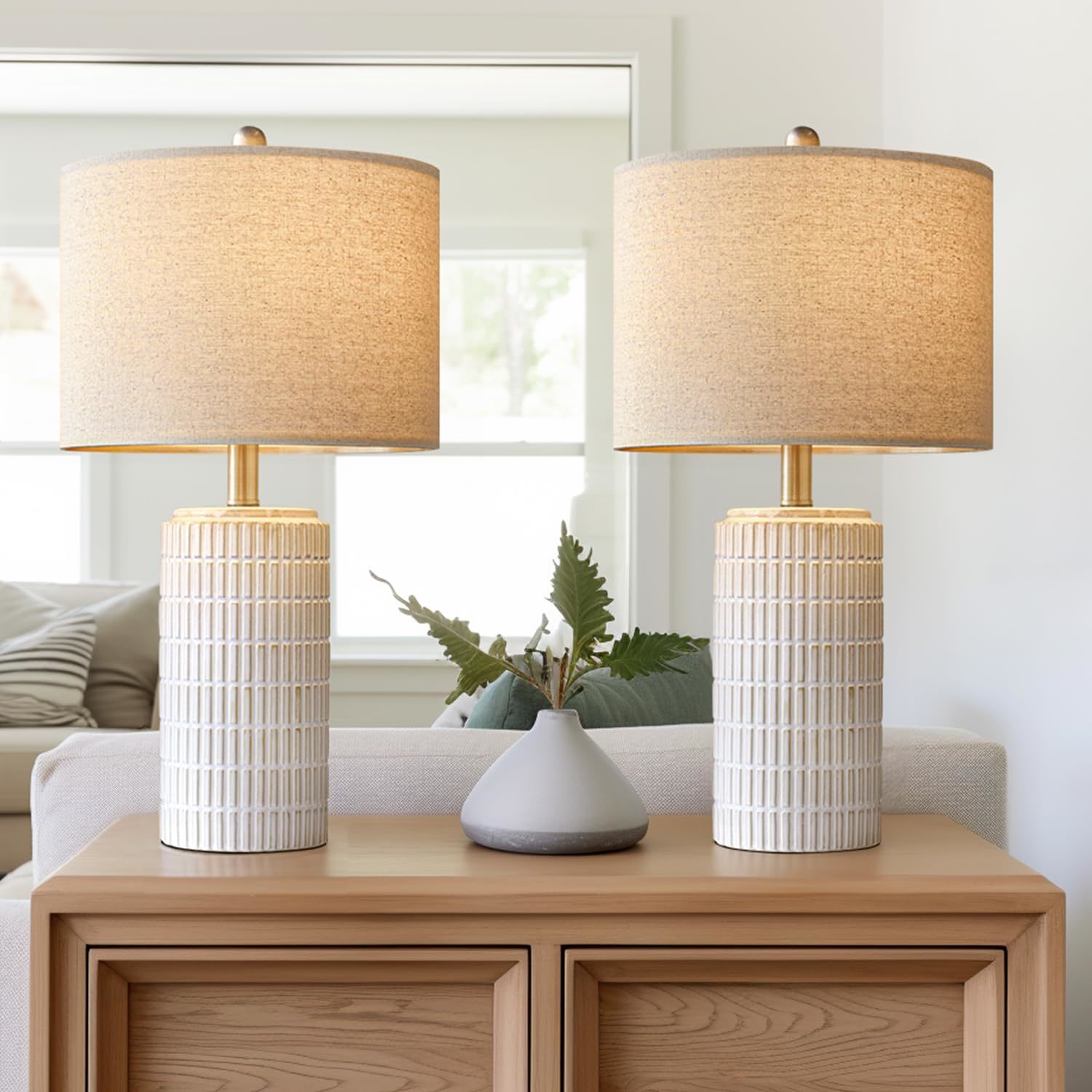 23" Modern Ceramic Table Lamp Set Of 2 For Living Room White Desk Lamps For Bedr