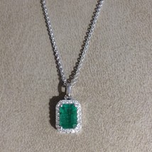 Women&#39;s Necklace 18k White Gold Natural Octagon Columbian Emerald Round Diamonds - £1,697.83 GBP