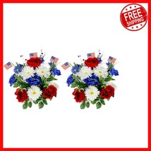 18 Stems Artificial Peony &amp; Gerbera Daisy Bush with American Flags for M... - $49.46