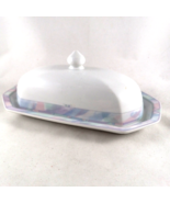 Butter Dish by Savoir Vivre  8.50&quot; long Blue lavender pink design on white - $27.06 CAD