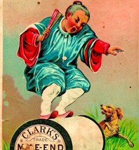 Antique Clark&#39;s Mile End Spool Cotton Victorian Trade Card Asian Man and Dog M11 - £11.59 GBP