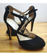 Nine West Peep Toe 4.5&quot; Heels Black Suede Rhinestone Straps Just Maybe S... - $47.95 CAD