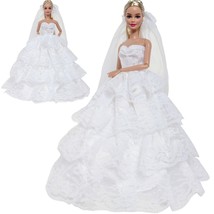 White Wedding Dress Veil For Barbie Doll Bride Lace Skirt Princess Party Clothes - £11.53 GBP