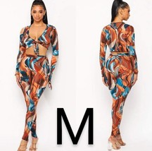 Two PC Set Matching Wavy Print Front Tie Crop Top and Tie Side Bottoms~ Size M - £34.57 GBP