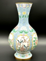 Antique Chinese Cloisonne Vase 14-inch tall Light Blue Floral Bird Panels - $198.79