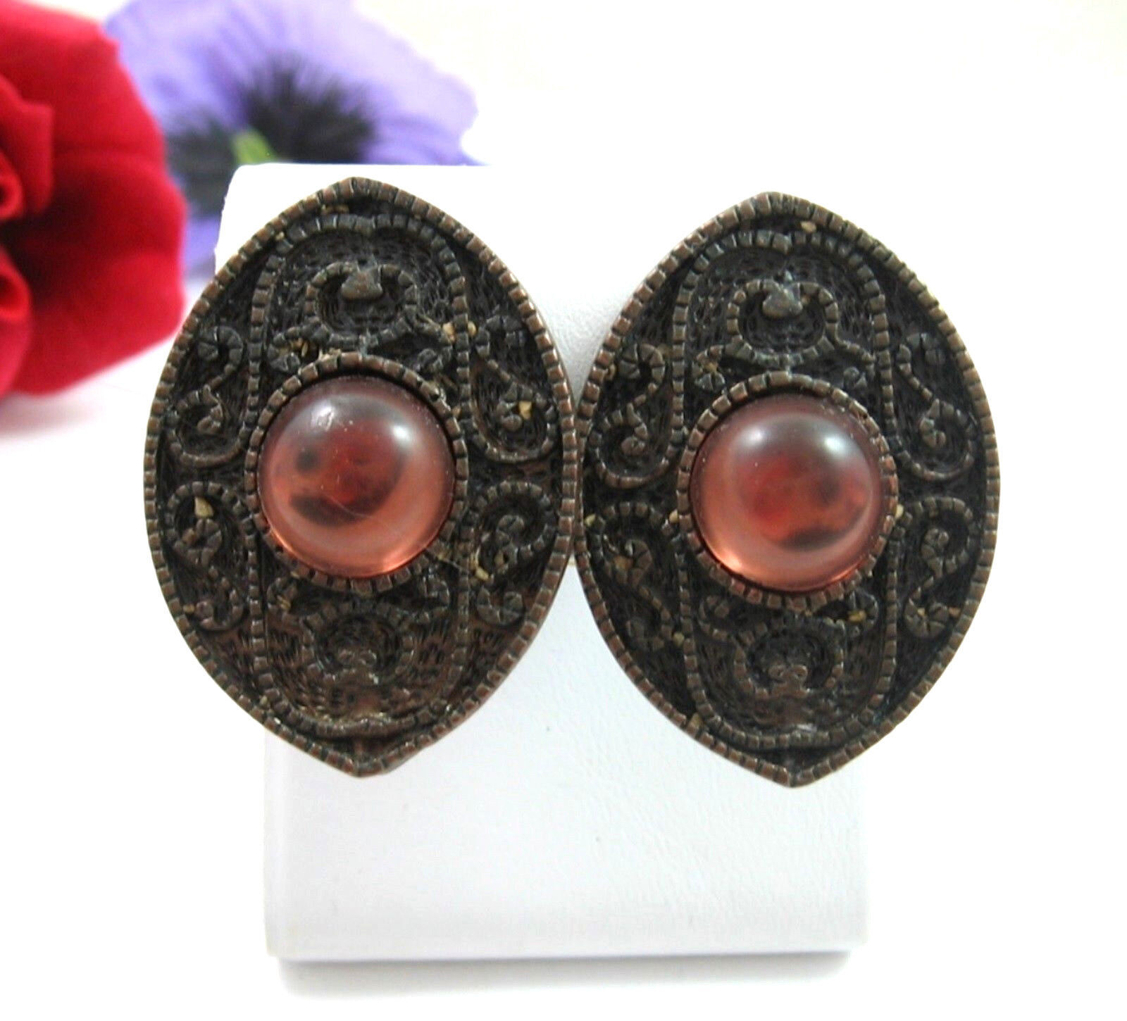 Primary image for DAUPLAISE CopperTone ROSE Cab Eye Clip On EARRINGS Vintage Designer Signed 1.5"