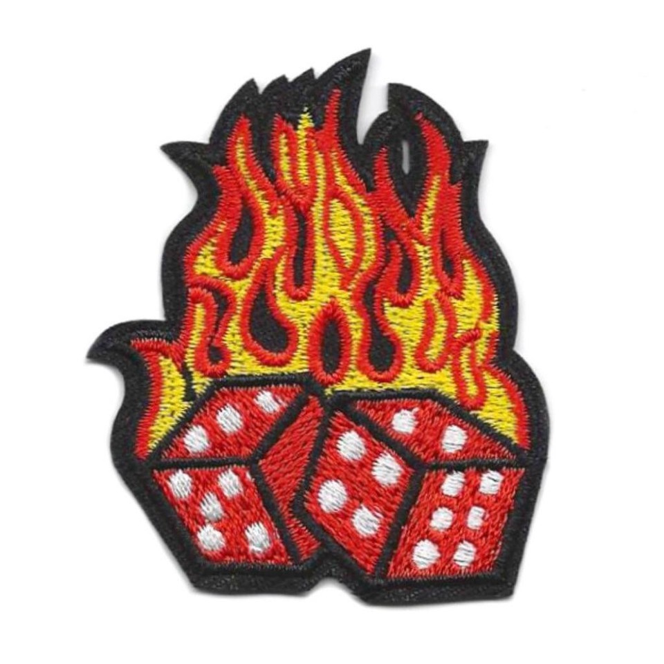 FLAMING DICE IRON ON PATCH 2.4&quot; Flames Fire Rocker Gambler Embroidered A... - $3.25