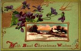 Violets Flowers Window Cabin Scene Gilt Embossed Christmas Wishes 1918 Postcard - £5.54 GBP