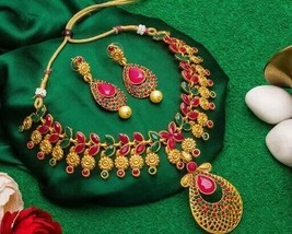 Temple Design Jewelry Set Kundan Necklace Earrings South Women Bridal Set - $23.16
