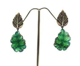 Green Onyx Carved Flower Gemstone Diamond Studded In 925 Silver Dangle Earring - £112.38 GBP