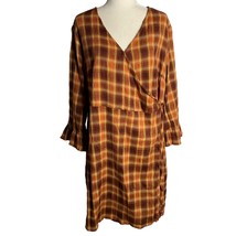 Dip Long Sleeve Wrap Dress XL Brown Plaid Elastic Waist Belt Loops Snap NEW - $27.84