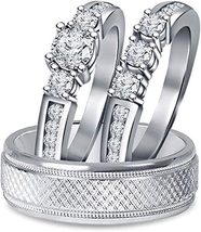 Swara Ecom His Hers 3 Stone Trio Wedding Set 14k White Gold Over Cubic Z... - $149.99