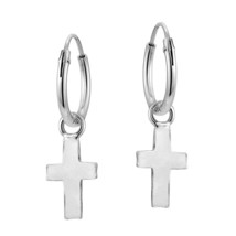 Minimalist Dangle Cross Sterling Silver Mini Hoop Earrings - £9.85 GBP