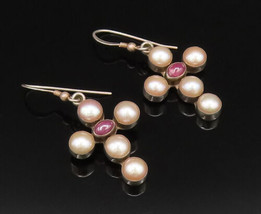 925 Silver - Vintage Amethyst &amp; Freshwater Pearls Cross Drop Earrings - ... - £54.72 GBP