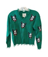 Girls Green Distressed Sweater – Dog Face Pattern w Jingle Bells – Size L - $23.80