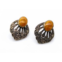 Vintage Terra Cotta Stud Earrings, Brown Enamel and Silver Tone Faux Mar... - £19.78 GBP