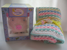 NEW~Baby Crib Blanket &amp; First Piggy Bank Set~Shell Stitch Hand Crocheted Knitted - £43.96 GBP+