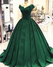 Green Ball Gown Satin Prom Dresses Lace V Neck Formal Dress,Quinceanera Dresses - $189.99