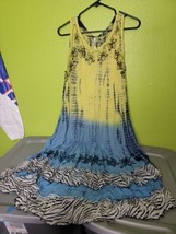 Ocean Breeze Hippie Sun Dress Free Size Blue Yellow Zebra - £15.65 GBP