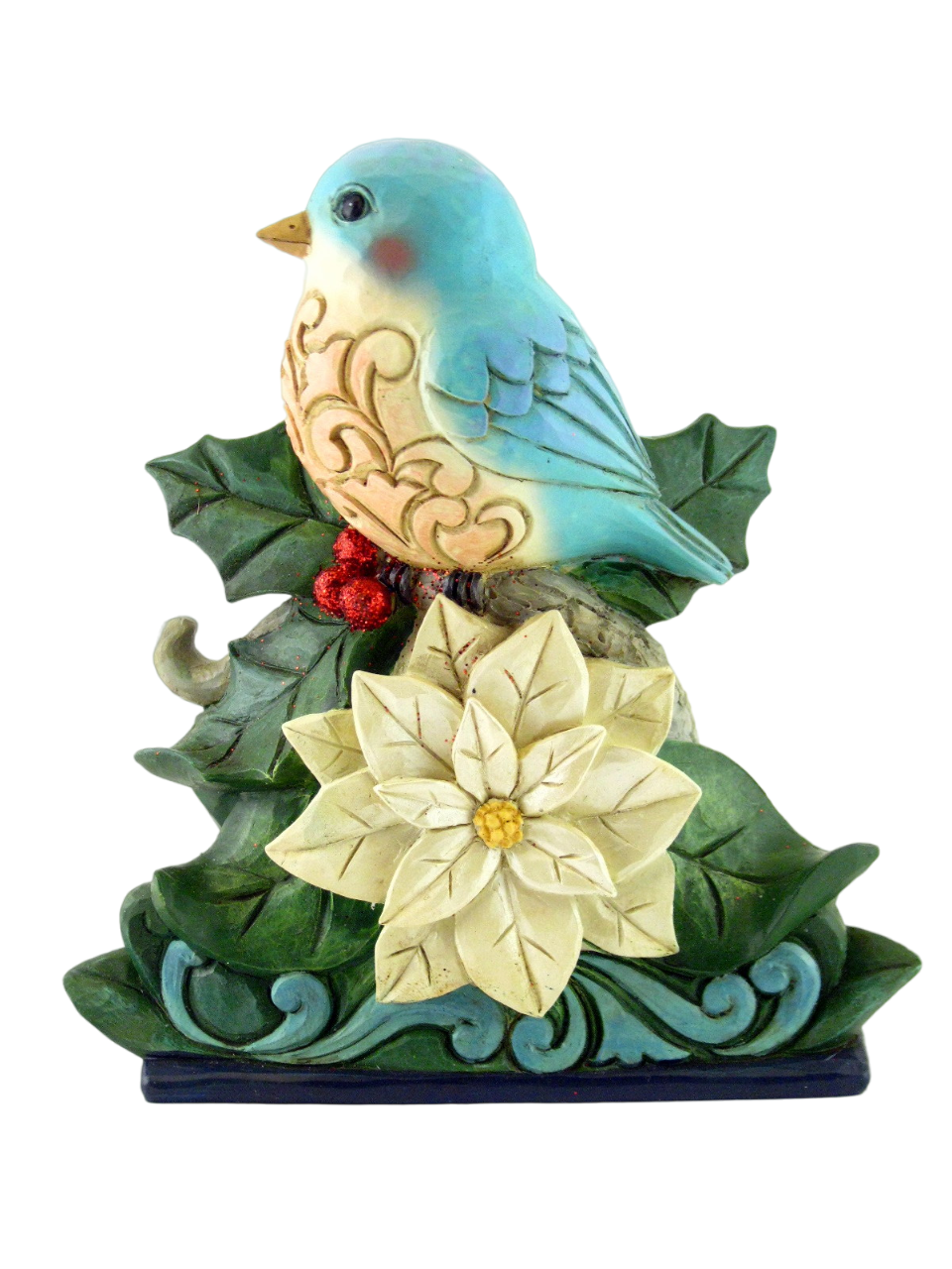 ENESCO JIM SHORE HEARTWOOD CREEK WINTER WONDERLAND BLUE BIRD ON WHITE POINSETTIA - $39.99