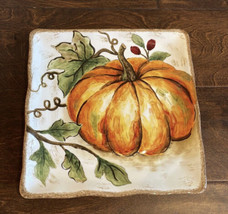 Maxcera 4 Pumpkin Fall Leaves 2 Salad Plates Ceramic Square - £27.96 GBP