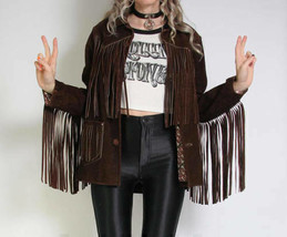 Women&#39;s Vintage Suede Leather Jacket Cowgirl Handmade Fringed Western Wear Coat - £60.04 GBP+