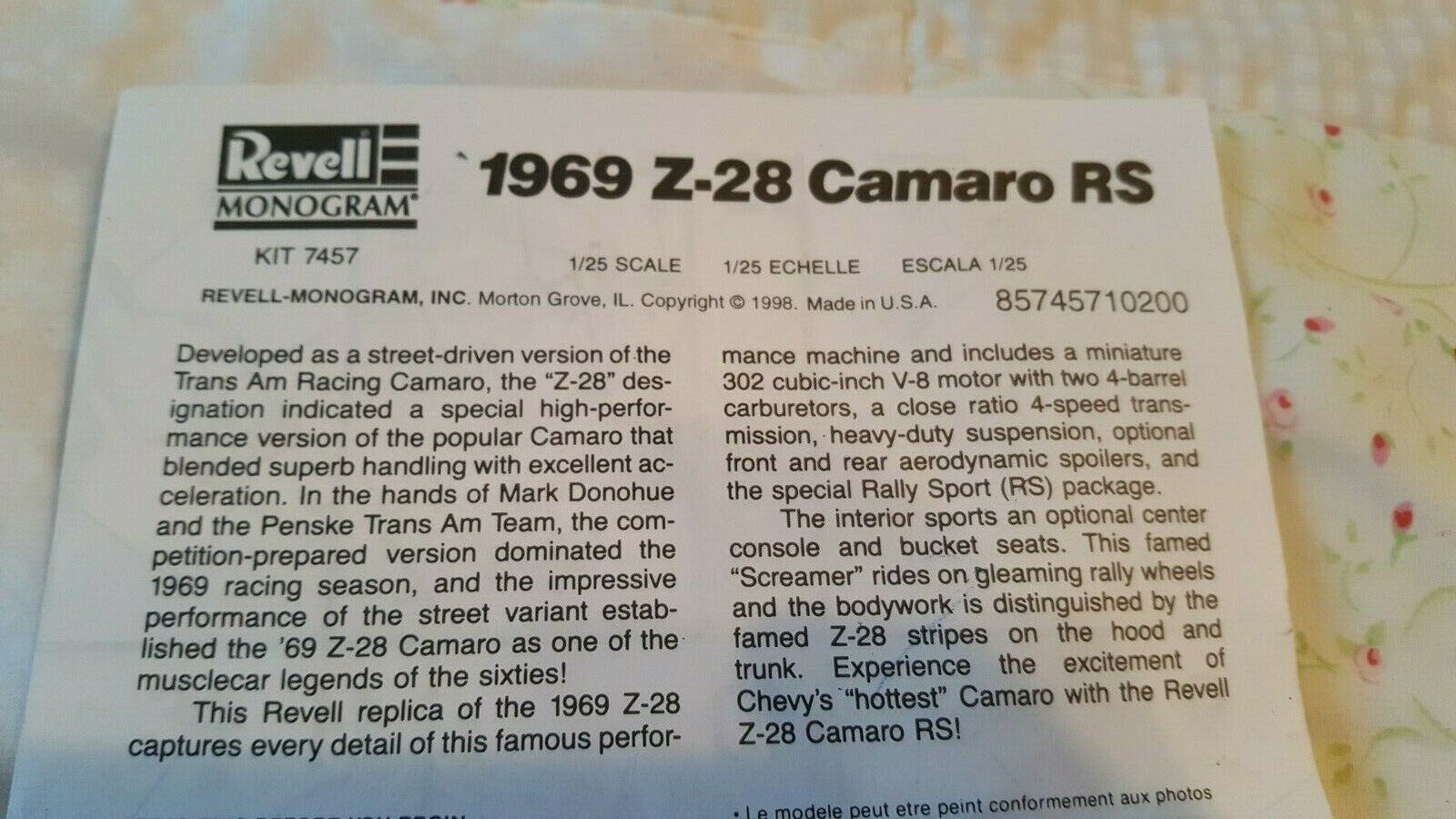 Vintage Revell 1969 Z-28 Camaro RS Kit 7457. Instructions Only - $3.95