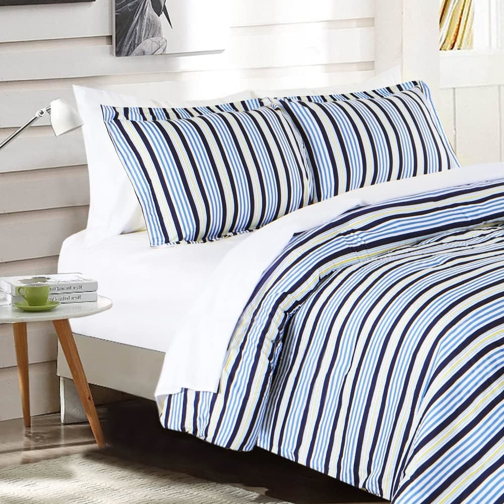 Primary image for Blue Stripe Brushed Microfiber Bed Set With Sheets, Soft Comfortable Down