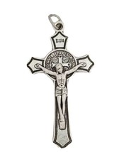 Saint St Benedict Medal Crucifix Cross Silver Plated Pendant Necklace 17&quot; Cord - £7.77 GBP