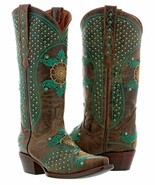 Womens Brown Wedding Leather Western Cowgirl Boots Studded Embroidered S... - €208,46 EUR