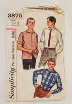 Men&#39;s Contour Shirts Neck 15&quot; Chest 38&quot; Simplicity 3875 Vintage 1960s Pr... - £25.91 GBP