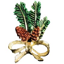 Vintage Gerry&#39;s Enamel Christmas Tree Pine Cone Branch Ribbon Brooch Pin Signed - £23.98 GBP